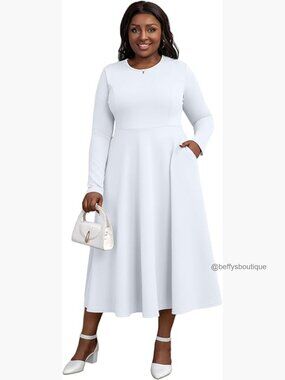 Plus Size Church Dress, Stretch Midi with Pockets, L-5XL